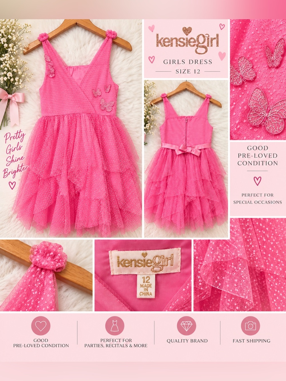 Kensie Girl Hot Pink Sparkle Tulle Party Dress with Butterfly Accents